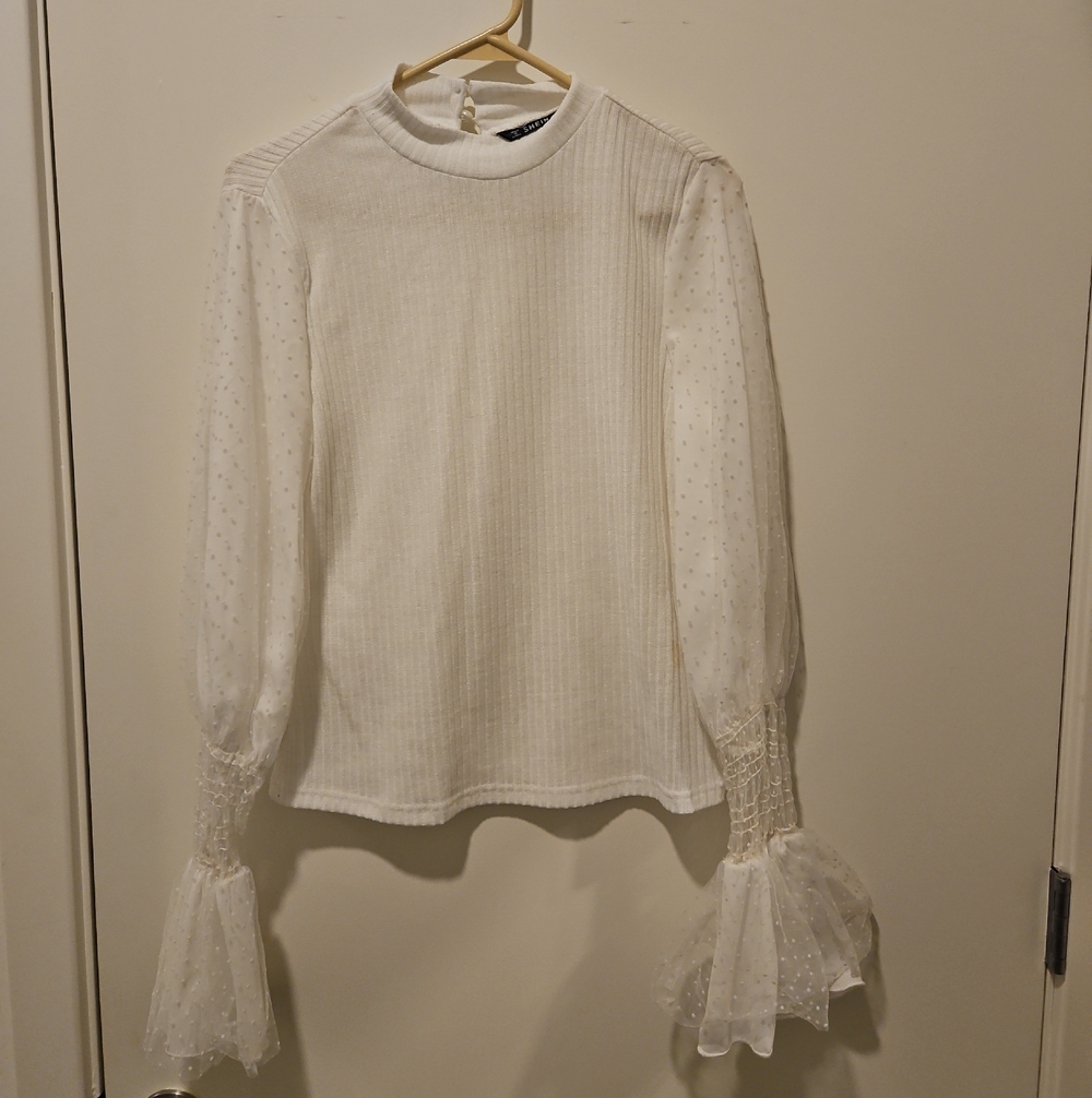 SHEIN White Ribbed Mock Neck Top with Sheer Dot Bishop Sleeves